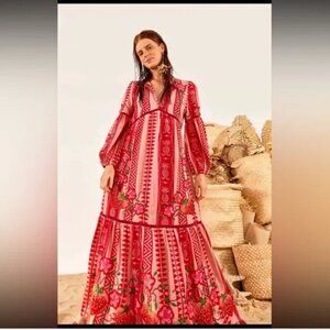 Farm Rio Embroidered Strawberry Orchard Jacquard  Maxi Dress - XS
